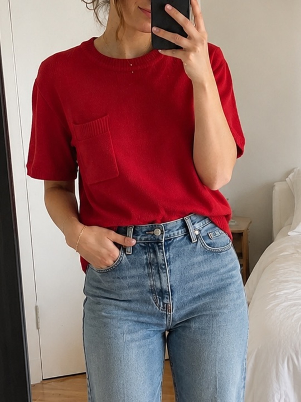 Vintage SK & Company Red Short Sleeve Knit Sweater Pocket Wool Blend S 80s/90s
